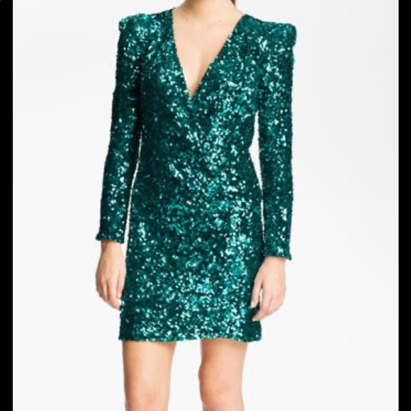 French Connection Teal Green Sequin Long Sleeve Dress - Picture 2 of 6